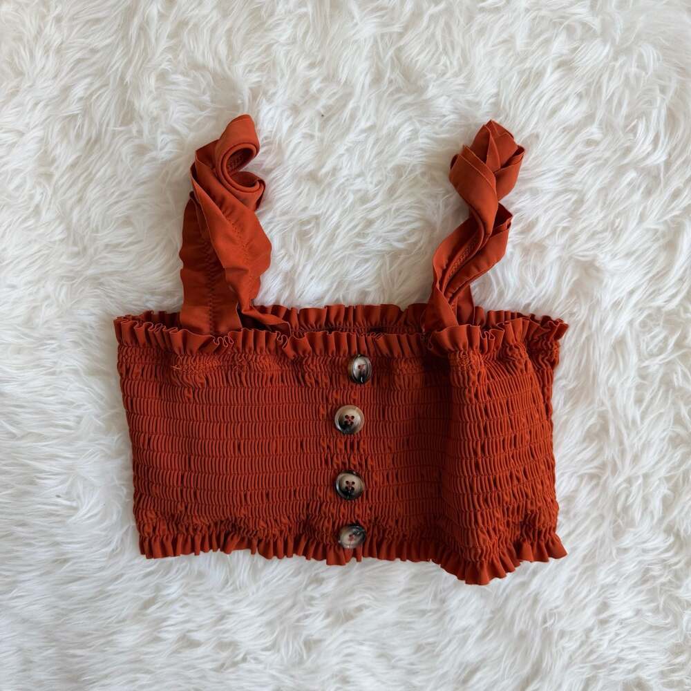 Cabana del Sol Smocked Ruffle Button-Front Crop Top